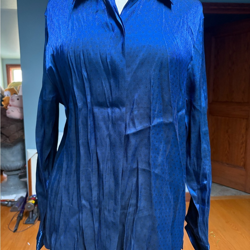 Vintage 80s Script Blue Long Sleeve Blouse Shirt